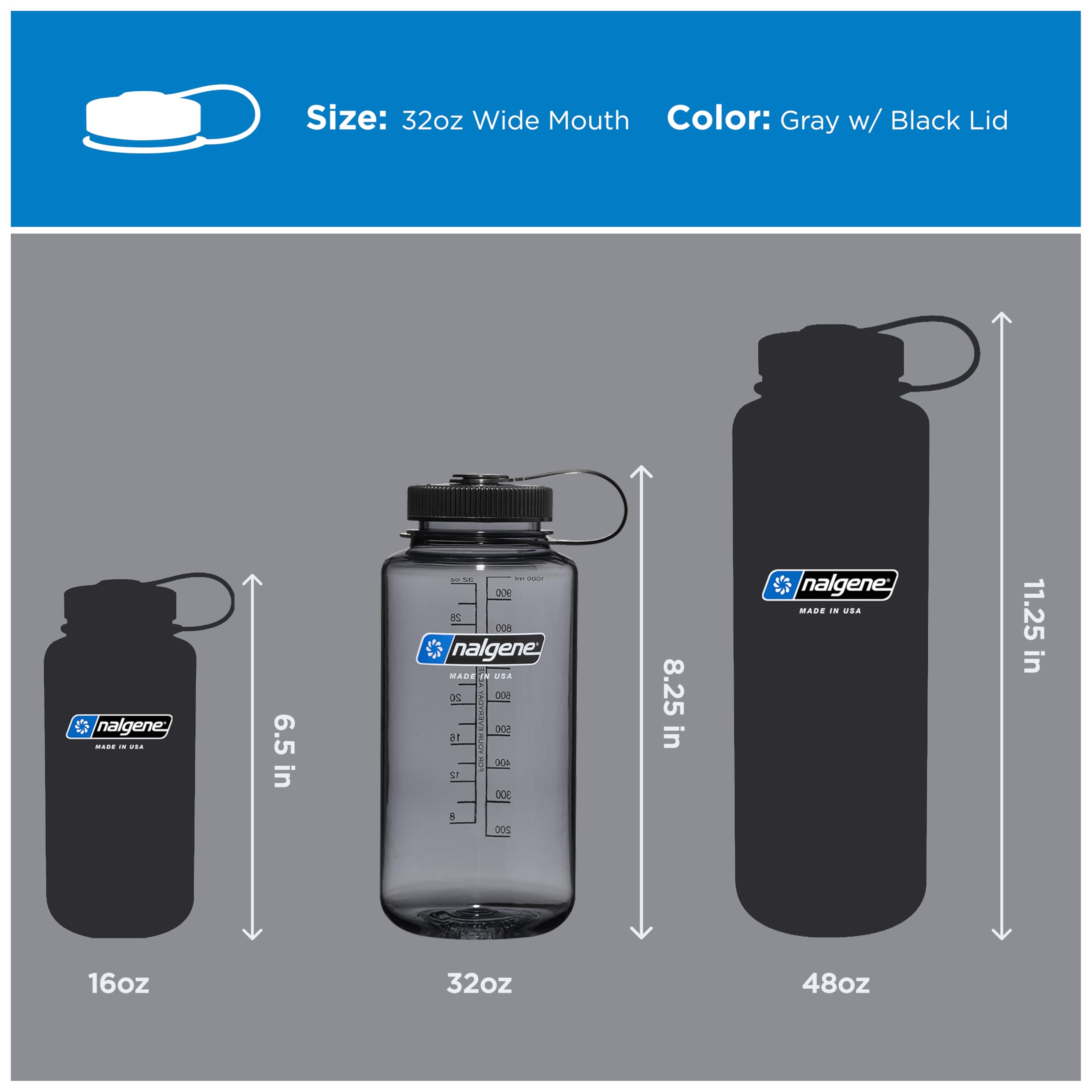 Amazon.com: Nalgene 32 oz Wide Mouth Water Bottle, Gray w/ Black